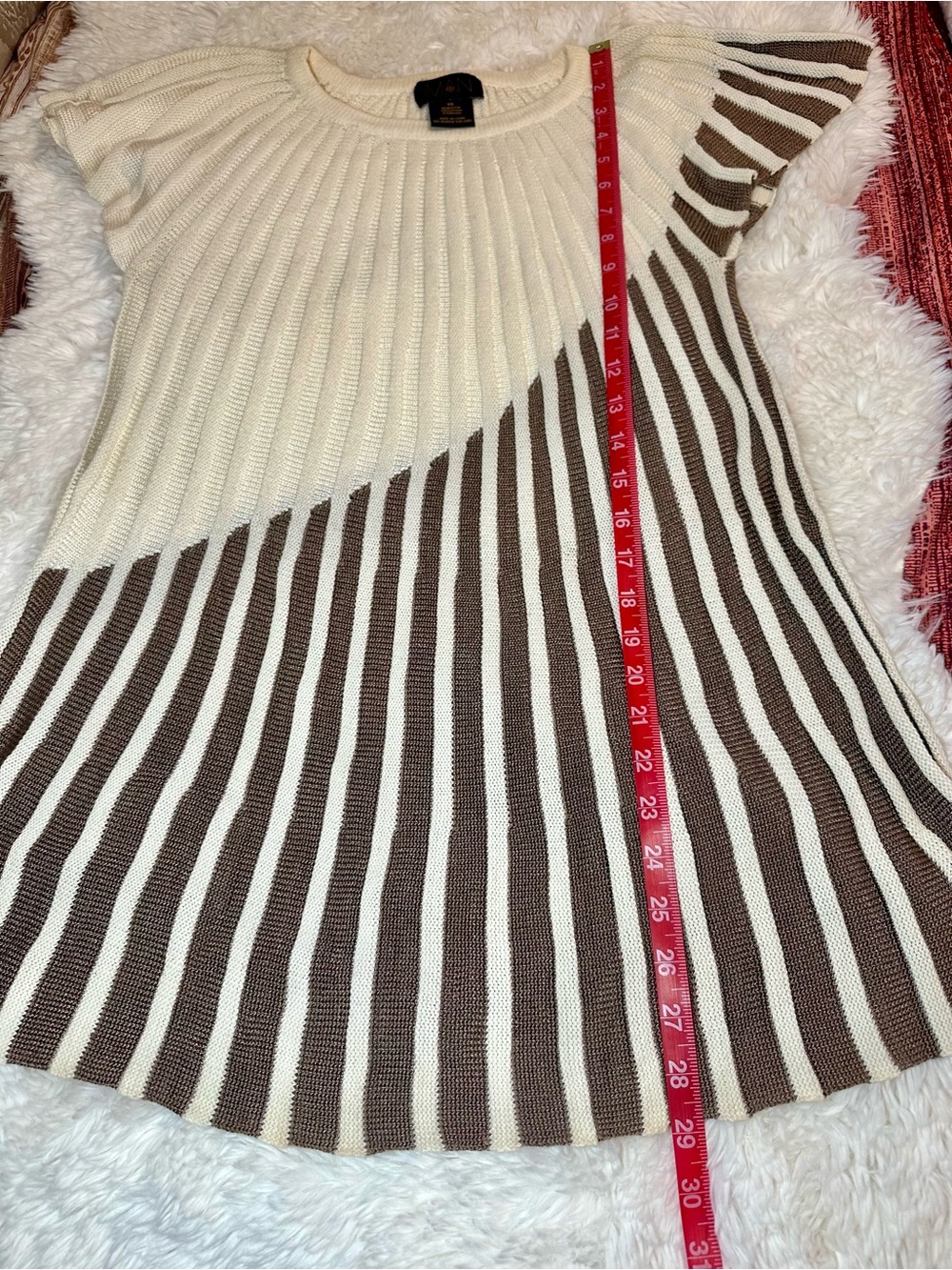 Vintage IMAN Ribbed Knit Tunic Top XS Brown Cream Striped Y2K Mini Dress - Picture 9 of 10